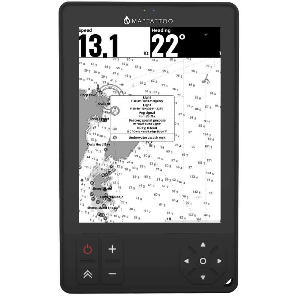 MAPTATTOO GPS Nautical Charts functions. View your position on your marine chart. Zoom-in&out, pan, center, view lights, buoys, dangers,…). Soundings.  Low-depth shaded areas and uncovering areas. See available marine charts.
