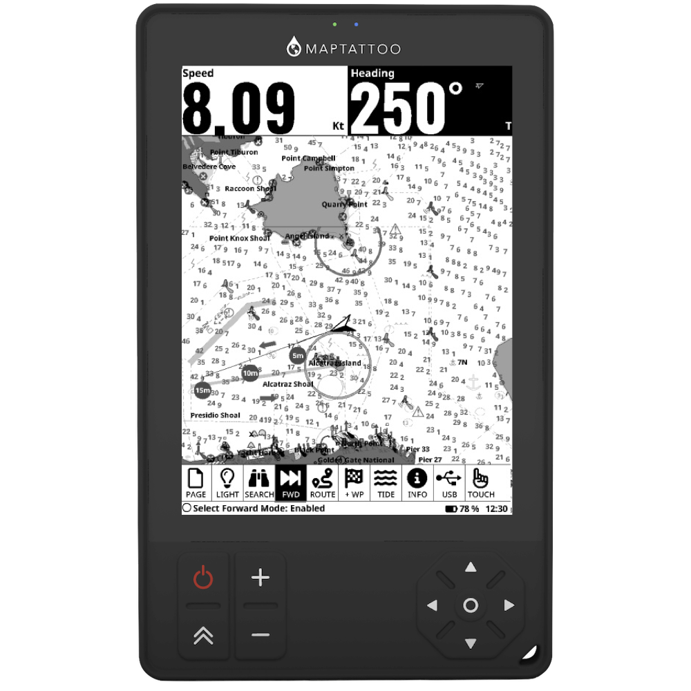 “Fast Forward” - Sailors’ favorite function on MAPTATTOO boat GPS. Display a vector forward and indicate anticipated travel times for your boat. Automatically adjust the scale of the vector.
