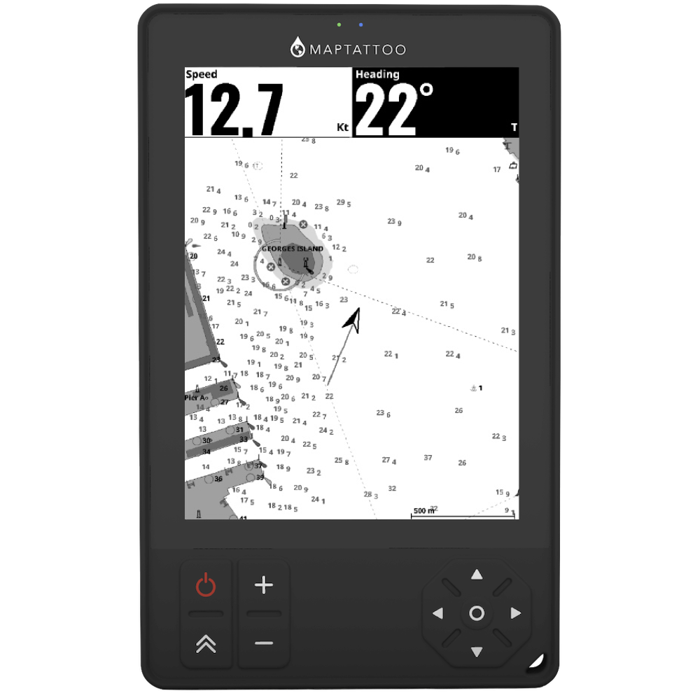 MAPTATTOO boaters GPS speed, heading details.  Speed Over Ground. Heading Over Ground. Large screen with highly visible fonts.