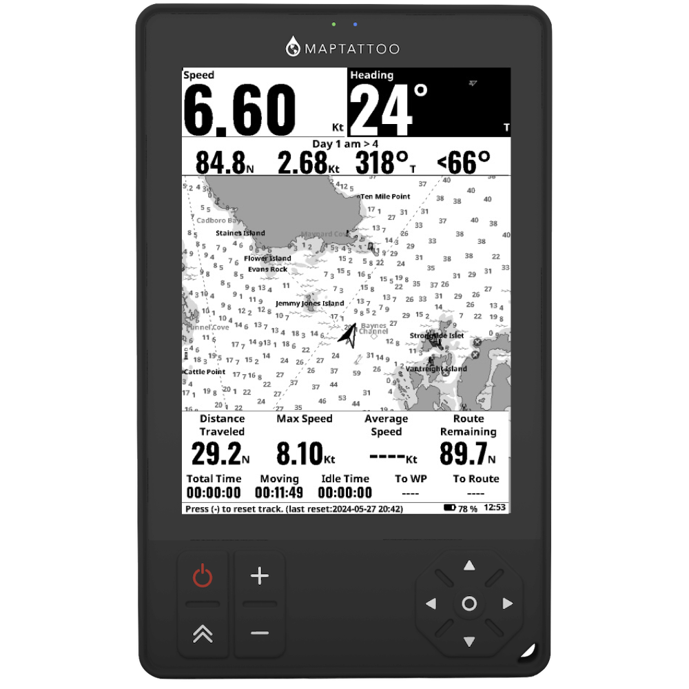 MAPTATTOO marine GPS trip Information: distance traveled, maximum speed, average speed, total remaining distance on route, estimated time to next waypoint, and estimated time to route completion.