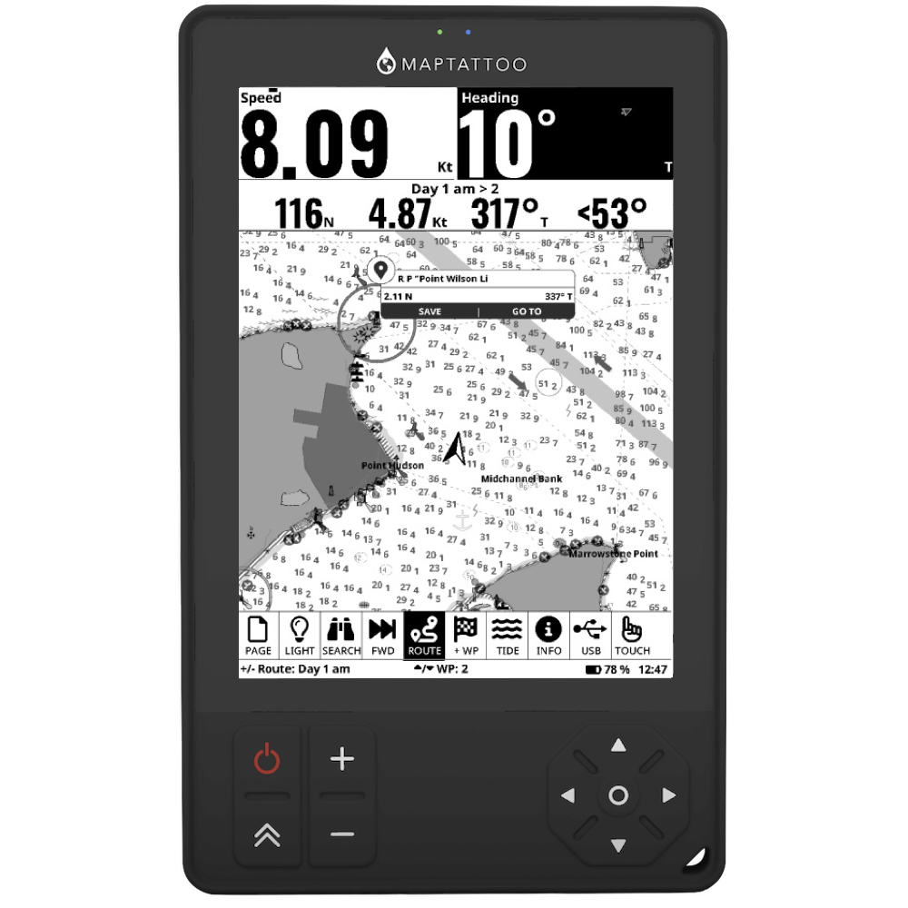 Routes & Waypoints on MAPTATTOO boat GPS. Create Waypoints on-the-go. Create complete routes and load them on MAPTATTOO via USB. View Distance to next Waypoint, VMC (Velocity Made on Course), Bearing to Next Waypoint, Course Deviation.